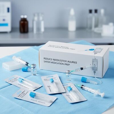 Tek kullanımlık kör iğneler iğne yaralanmalarını azaltmaya yardımcı olur Sağlık çalışanları keskin iğneler olmadan ilaç hazırlıyor